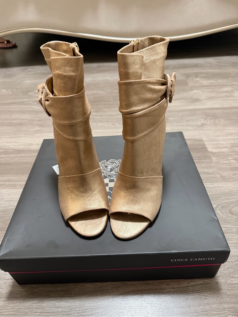 Vince Camuto Metallic Gold Peep-Toe Ankle Booties with Buckle